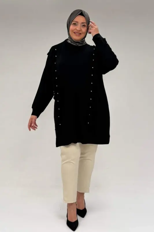 58074 Büyük Beden Fırfır Ve Taş Detaylı Penye Tunik - Siyah - BÜYÜKBEDENIZ