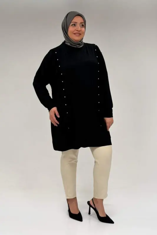 58074 Büyük Beden Fırfır Ve Taş Detaylı Penye Tunik - Siyah - 3