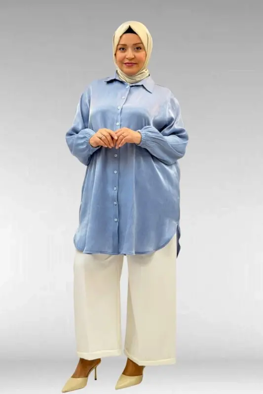 58085-1 Büyük Beden Kolları Lastikli Star Gömlek - İndigo - BÜYÜKBEDENIZ