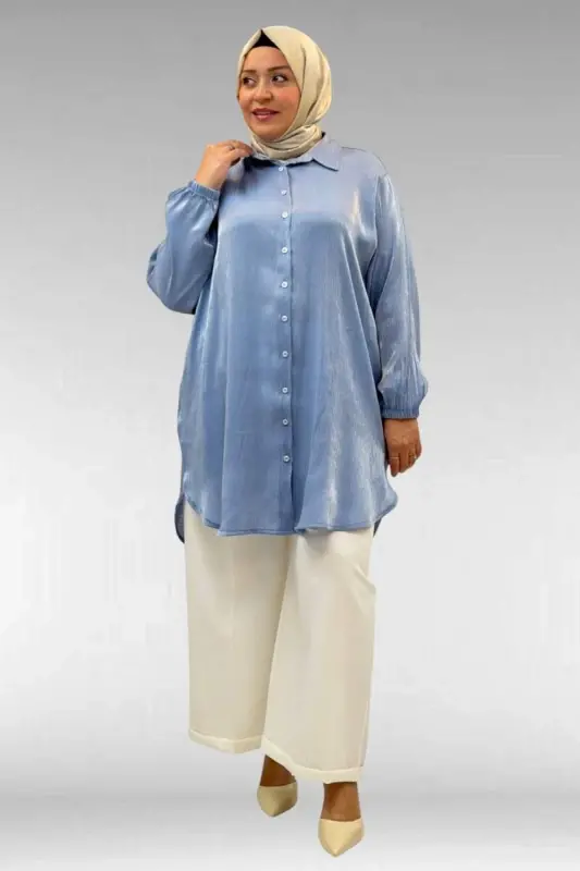 58085-1 Büyük Beden Kolları Lastikli Star Gömlek - İndigo - 3