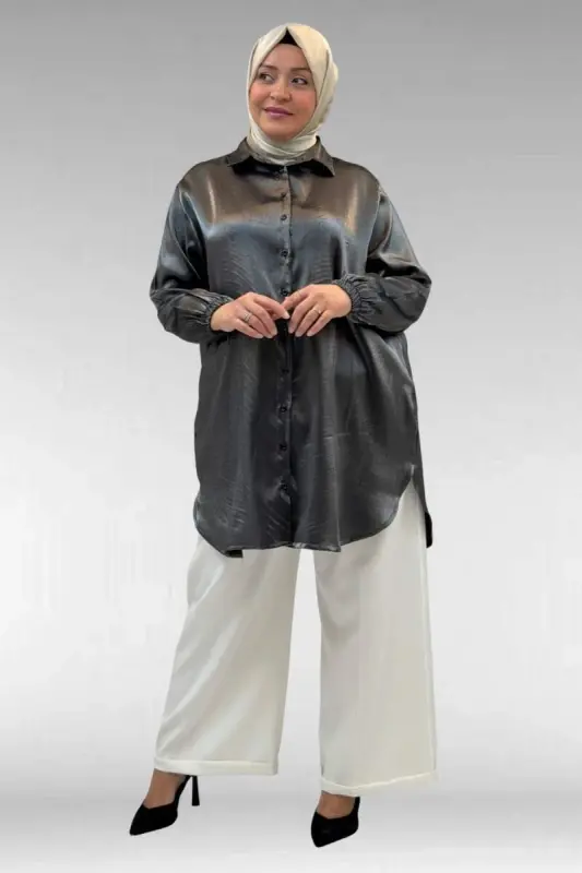 58085-1 Büyük Beden Kolları Lastikli Star Gömlek - Siyah - BÜYÜKBEDENIZ