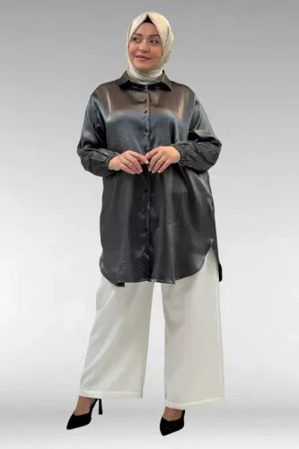 58085-1 Büyük Beden Kolları Lastikli Star Gömlek - Siyah - 1