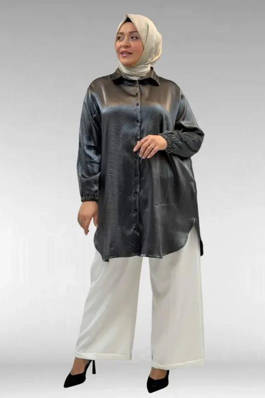 58085-1 Büyük Beden Kolları Lastikli Star Gömlek - Siyah - 3