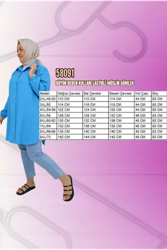 58091 Büyük Beden Kolları Lastikli Müslin Gömlek - Bebe Mavi - 2