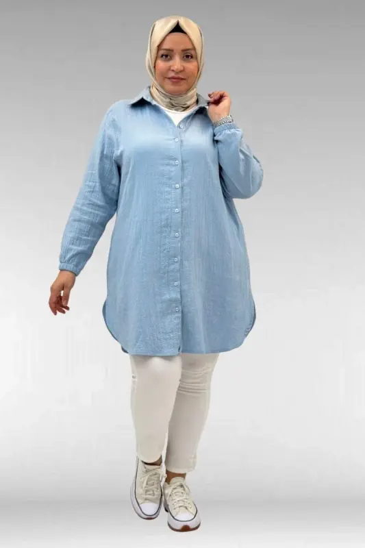 58091 Büyük Beden Kolları Lastikli Müslin Gömlek - Bebe Mavi - BÜYÜKBEDENIZ