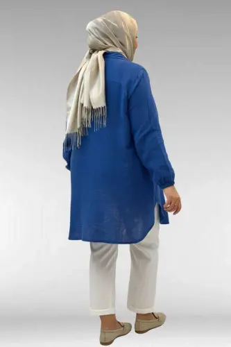 58091 Büyük Beden Kolları Lastikli Müslin Gömlek - İndigo - 3