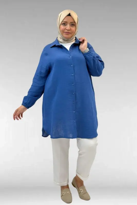 58091 Büyük Beden Kolları Lastikli Müslin Gömlek - İndigo - BÜYÜKBEDENIZ