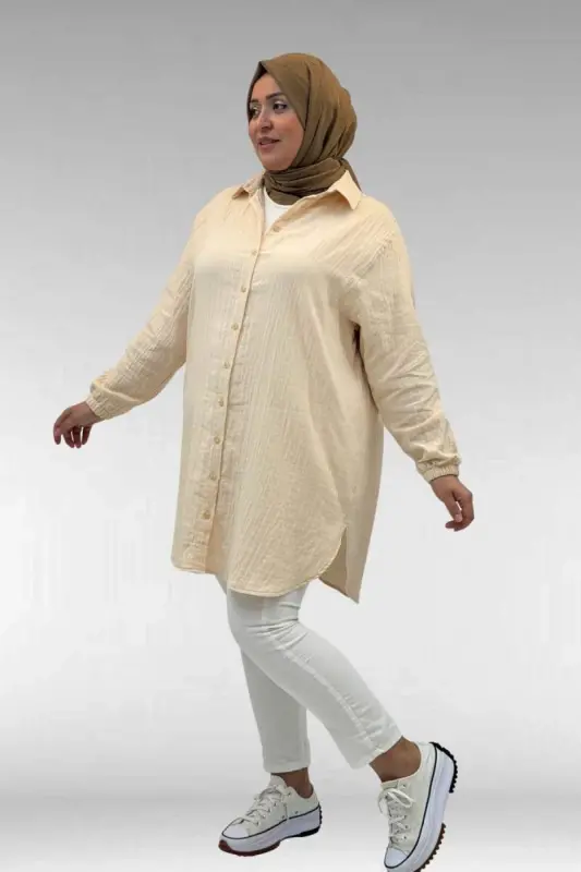 58091 Büyük Beden Kolları Lastikli Müslin Gömlek - Krem - 3