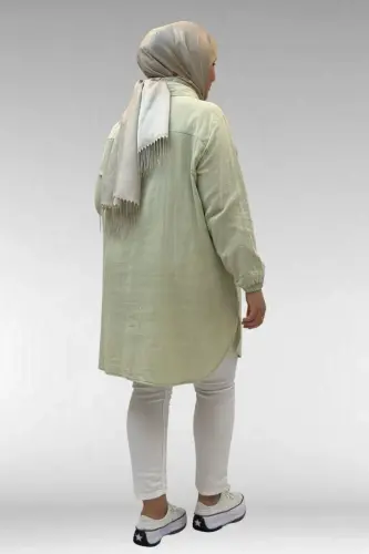 58091 Büyük Beden Kolları Lastikli Müslin Gömlek - Su Yeşili - 3