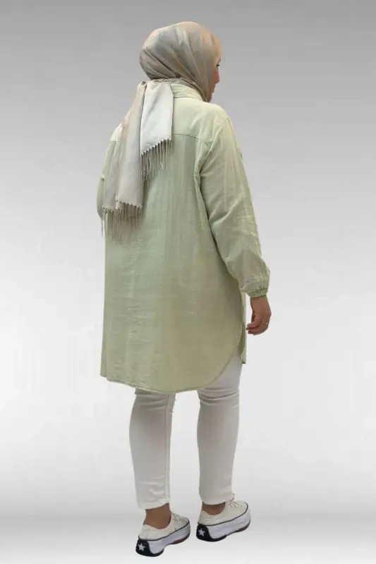 58091 Büyük Beden Kolları Lastikli Müslin Gömlek - Su Yeşili - 3