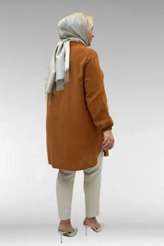 58091 Büyük Beden Kolları Lastikli Müslin Gömlek - Tarçın - 3