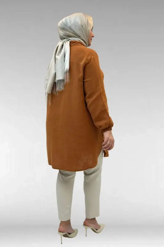 58091 Büyük Beden Kolları Lastikli Müslin Gömlek - Tarçın - 3