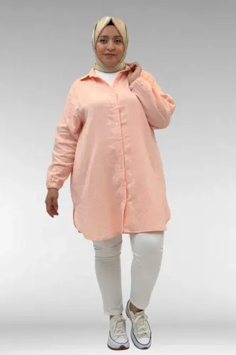 58091 Büyük Beden Kolları Lastikli Müslin Gömlek - Toz Pembe - 1