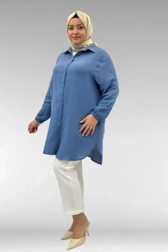 58091 Katta Razmer Yenglari Rezinali Muslin Ko‘ylak - Sovuq Moviy - 1