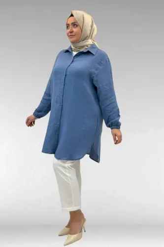 58091 Katta Razmer Yenglari Rezinali Muslin Ko‘ylak - Sovuq Moviy - 3