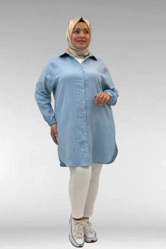 58091 Plus Size Elastic Sleeved Muslin Shirt - Baby Blue - 3