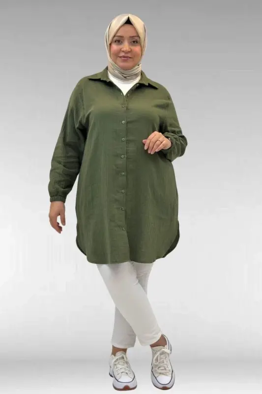 58091 Plus Size Elastic Sleeved Muslin Shirt - Khaki - 1