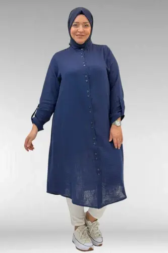 58092 Büyük Beden Çift Düğme Detaylı Müslin Gömlek - Lacivert - 1