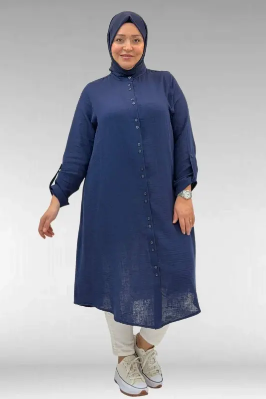 58092 Büyük Beden Çift Düğme Detaylı Müslin Gömlek - Lacivert - 1