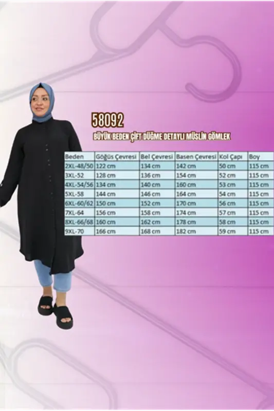 58092 Büyük Beden Çift Düğme Detaylı Müslin Gömlek - Soğuk Mavi - 2
