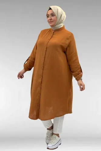 58092 Büyük Beden Çift Düğme Detaylı Müslin Gömlek - Tarçın - 3