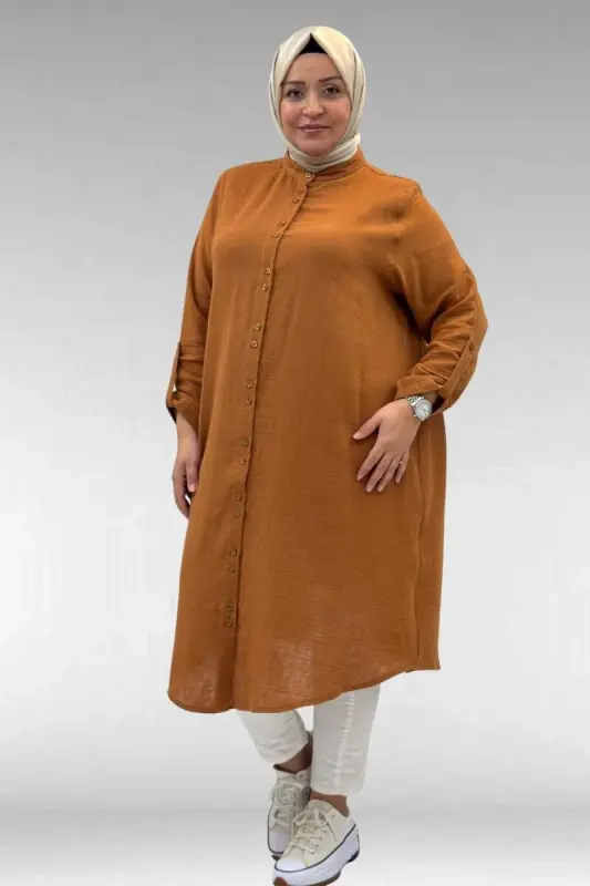 58092 Büyük Beden Çift Düğme Detaylı Müslin Gömlek - Tarçın - BÜYÜKBEDENIZ