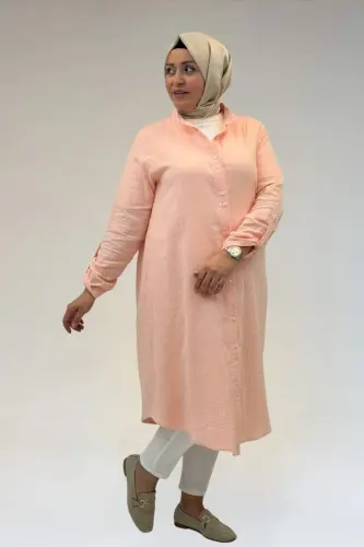 58092 Büyük Beden Çift Düğme Detaylı Müslin Gömlek - Toz Pembe - 1