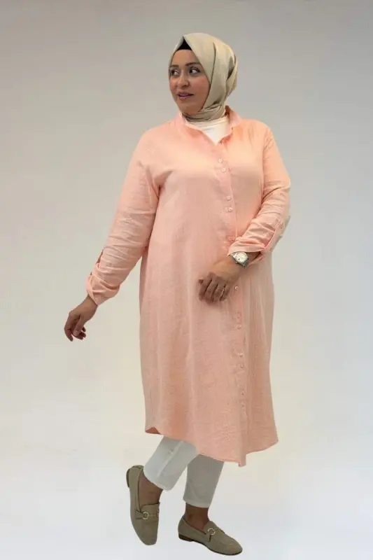 58092 Büyük Beden Çift Düğme Detaylı Müslin Gömlek - Toz Pembe - 1