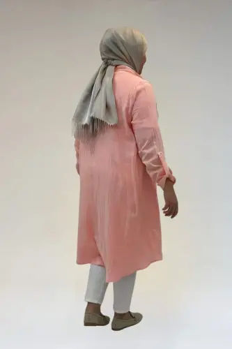 58092 Büyük Beden Çift Düğme Detaylı Müslin Gömlek - Toz Pembe - 3