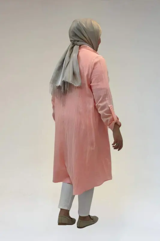 58092 Büyük Beden Çift Düğme Detaylı Müslin Gömlek - Toz Pembe - 3