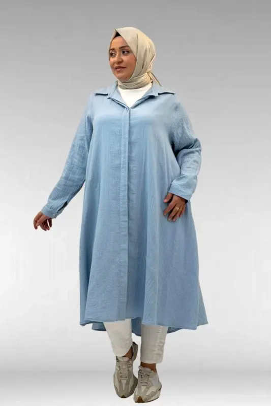 58093-1 Büyük Beden Mevlana Kesim Müslin Gömlek - Bebe Mavi - 3