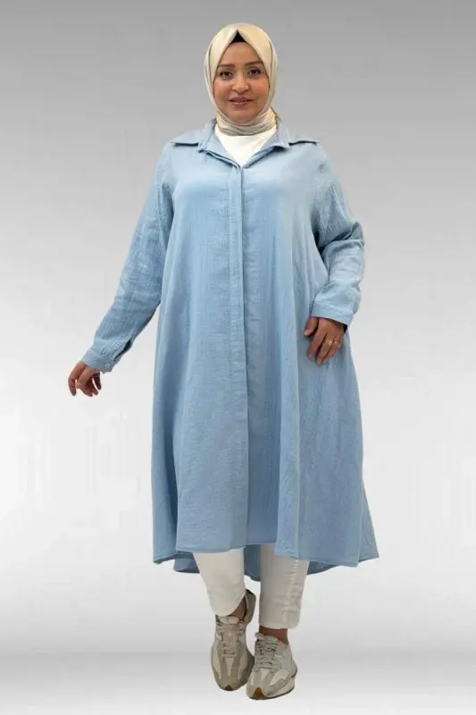 58093-1 Büyük Beden Mevlana Kesim Müslin Gömlek - Bebe Mavi - BÜYÜKBEDENIZ