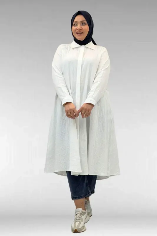 58093-1 Büyük Beden Mevlana Kesim Müslin Gömlek - Ekru - 1