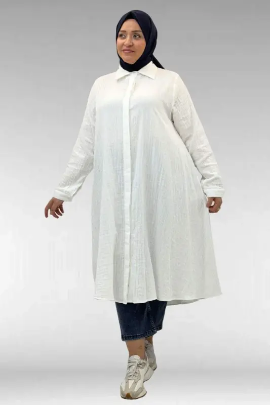 58093-1 Büyük Beden Mevlana Kesim Müslin Gömlek - Ekru - 3