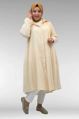 58093-1 Büyük Beden Mevlana Kesim Müslin Gömlek - Krem - 1