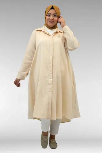 58093-1 Büyük Beden Mevlana Kesim Müslin Gömlek - Krem - 3