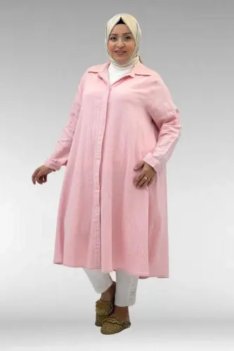 58093-1 Büyük Beden Mevlana Kesim Müslin Gömlek - Şeker Pembesi - 1