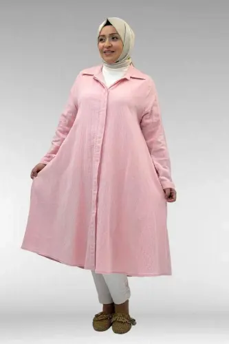 58093-1 Büyük Beden Mevlana Kesim Müslin Gömlek - Şeker Pembesi - 3