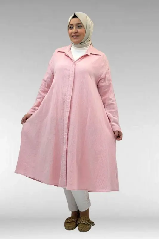 58093-1 Büyük Beden Mevlana Kesim Müslin Gömlek - Şeker Pembesi - 3