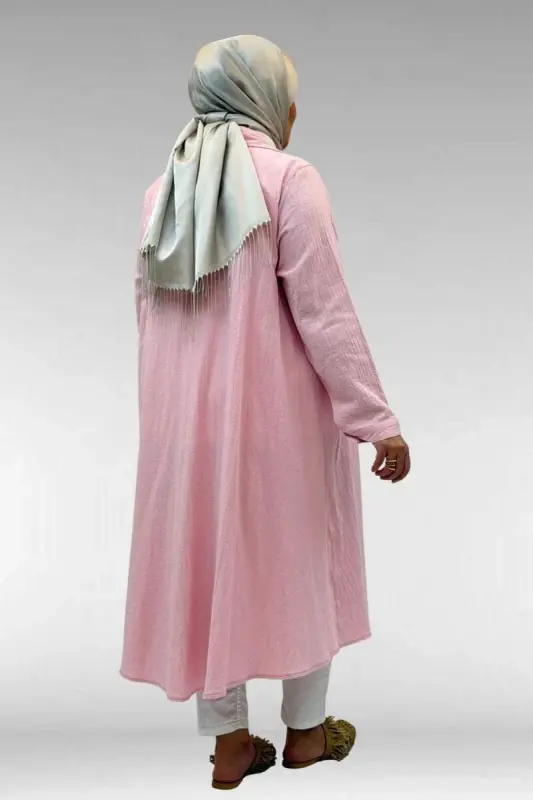 58093-1 Büyük Beden Mevlana Kesim Müslin Gömlek - Şeker Pembesi - 4