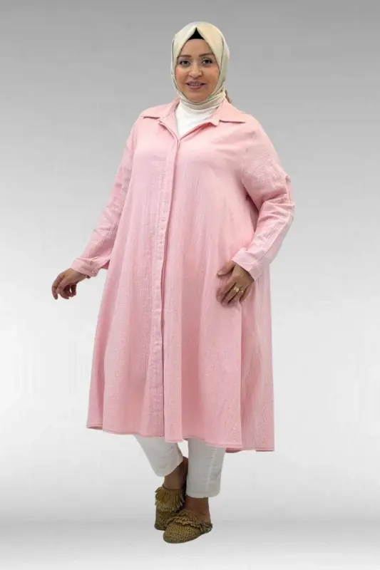 58093-1 Büyük Beden Mevlana Kesim Müslin Gömlek - Şeker Pembesi - BÜYÜKBEDENIZ
