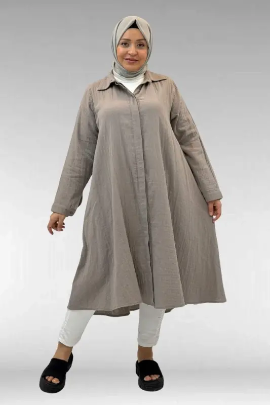 58093-1 Büyük Beden Mevlana Kesim Müslin Gömlek - Vizon - BÜYÜKBEDENIZ