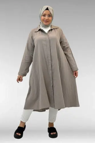 58093-1 Büyük Beden Mevlana Kesim Müslin Gömlek - Vizon - 1