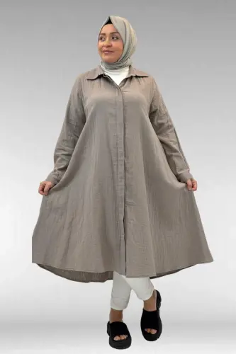 58093-1 Büyük Beden Mevlana Kesim Müslin Gömlek - Vizon - 3