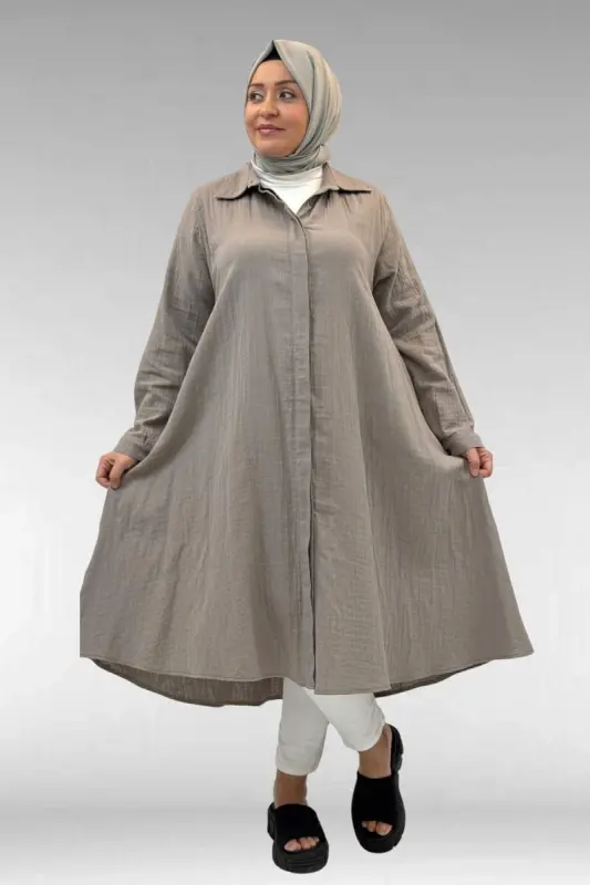 58093-1 Büyük Beden Mevlana Kesim Müslin Gömlek - Vizon - 3