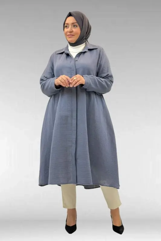 58093 Büyük Beden Mevlana Kesim Müslin Gömlek - Antrasit - 3