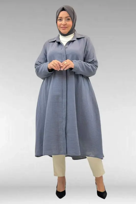 58093 Büyük Beden Mevlana Kesim Müslin Gömlek - Antrasit - BÜYÜKBEDENIZ