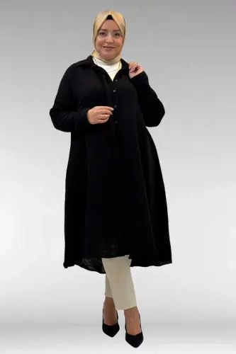 58093 Katta o'lchamli Mevlana bichimidagi muslin ko'ylak - Qora - 1