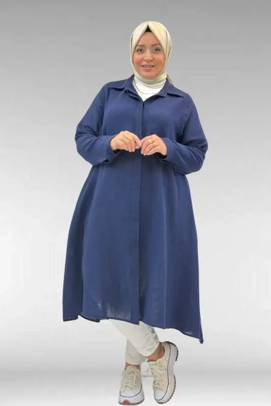 58093 Katta o'lchamli Mevlana kesimli muslin ko'ylak - To'q ko'k - 1
