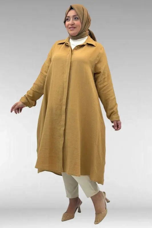 58093 Plus Size Mevlana Cut Muslin Shirt - Biscuit - BÜYÜKBEDENIZ